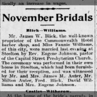 Blick-Williams Married at Home_Telegraph_17 Nov 1899