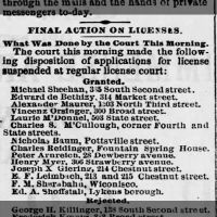 Newspapers.com - Harrisburg Telegraph - 14 Feb 1881 - Page 4 Laurie McDonnel Liquor License Granted 503 State Street 14 Feb 1881