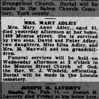 Newspapers.com - Harrisburg Telegraph - 14 Feb 1921 - Page 10 Obituary for Mary Anne ADLEY (Aged 91)