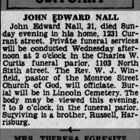 Newspapers.com - Harrisburg Telegraph - 14 Mar 1933 - Page 2 Obituary for JOHN EDWARD NALL (Aged 31)