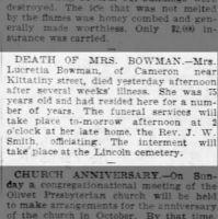 Newspapers.com - Harrisburg Telegraph - 16 Jul 1902 - Page 3 Obituary for Lucretia BOWMAN (Aged 75)