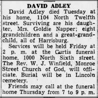 Newspapers.com - Harrisburg Telegraph - 26 Nov 1947 - Page 3 Obituary for DAVID ADLEY