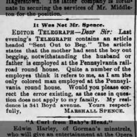 Newspapers.com - Harrisburg Telegraph - 6 Feb 1889 - Page 1 Editor Telegraph-It was not Marshall Spence_06 Feb 1889