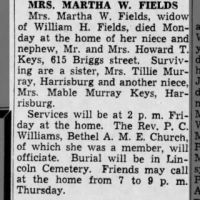 Newspapers.com - Harrisburg Telegraph - 6 Sep 1939 - Page 2 Obituary for MARTHA W. FIELDS