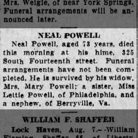 Newspapers.com - Harrisburg Telegraph - 7 Aug 1926 - Page 2 Obituary for NEAL POWELL (Aged 73)