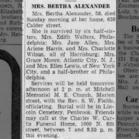 Newspapers.com - Harrisburg Telegraph - 8 Apr 1941 - Page 5 Obituary for BERTHA ALEXANDER (Aged 58)