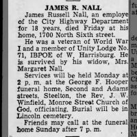 Newspapers.com - Harrisburg Telegraph - 9 Feb 1946 - Page 10 Obituary for James Russell NALL