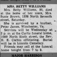 Newspapers.com - Harrisburg Telegraph - 9 Nov 1943 - Page 16 Obituary for BETTY WILLIAMS (Aged 80)