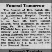 Newspapers.com - The Courier-News - 17 Mar 1932 - Page 23 Obituary for Sarah Raford