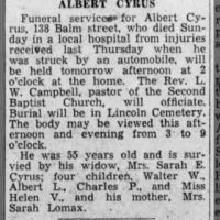Newspapers.com - The Evening News - 1 Nov 1932 - Page 9 Obituary for ALBERT CYRUS (Aged 55)