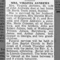 Newspapers.com - The Evening News - 14 Feb 1933 - Page 13 Obituary for VIRGINIA ANDREWS (Aged 43)