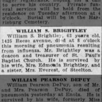 Newspapers.com - The Evening News - 14 Oct 1918 - Page 14 Obituary for WILLIAM S. BRIGHTLEY (Aged 63)