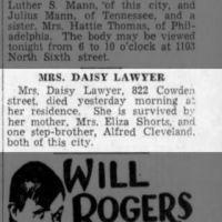 Newspapers.com - The Evening News - 18 Apr 1933 - Page 9 Obituary for DAISY LAWYER