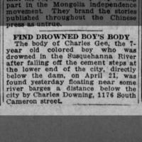 Newspapers.com - The Evening News - 1919-05-10 - Page 6 Charles Gee- Found Drowned Boy's Body_10 May 1919