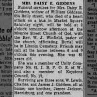 Newspapers.com - The Evening News - 2 Dec 1942 - Page 17 Obituary for DAISY E. GIDDENS (Aged 61)