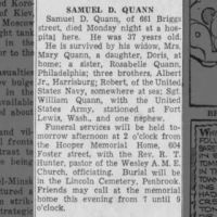 Newspapers.com - The Evening News - 2 Dec 1943 - Page 26 Obituary for SAMUEL D. QUANN (Aged 37)