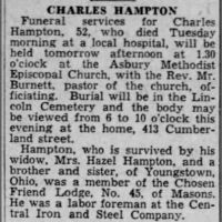 Newspapers.com - The Evening News - 22 Jun 1933 - Page 6 Obituary for CHARLES HAMPTON (Aged 52)