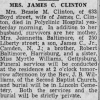 Newspapers.com - The Evening News - 22 Nov 1937 - Page 8 Obituary for Bessie M. CLINTON