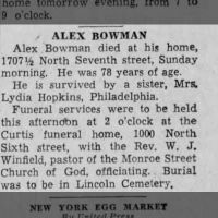 Newspapers.com - The Evening News - 25 Jan 1944 - Page 13 Obituary for ALEX BOWMAN (Aged 78)