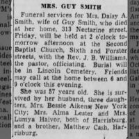Newspapers.com - The Evening News - 27 Oct 1941 - Page 19 Obituary for Daisy A. GUT SMITH (Aged 57)
