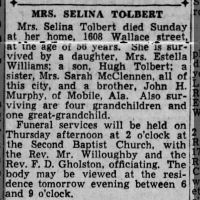 Newspapers.com - The Evening News - 28 Jan 1936 - Page 9 Obituary for SELINA TOLBERT