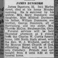 Newspapers.com - The Evening News - 29 Jan 1941 - Page 2 Obituary for JAMES Dunmore (Aged 32)