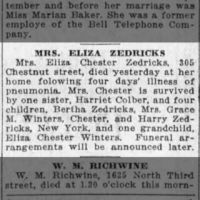 Newspapers.com - The Evening News - 31 Oct 1918 - Page 10 Obituary for Eliza Chester ZEDRICKS