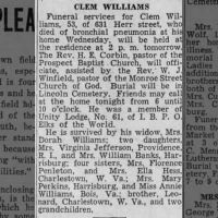 Newspapers.com - The Evening News - 5 Aug 1938 - Page 20 Obituary for CLEM WILLIAMS (Aged 53)