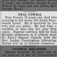 Newspapers.com - The Evening News - 7 Aug 1926 - Page 5 Obituary for NEAL POWELL (Aged 73)