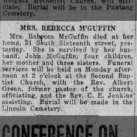 Newspapers.com - The Evening News - 7 Mar 1924 - Page 4 Obituary for REBECCA M'GUFFIN