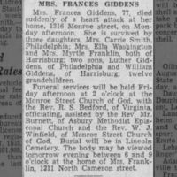 Newspapers.com - The Evening News - 8 Aug 1934 - Page 4 Obituary for FRANCES GIDDENS (Aged 77)
