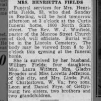Newspapers.com - The Evening News - 9 Nov 1937 - Page 6 Obituary for HENRIETTA FIELDS (Aged 53)