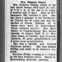 Newspapers.com - The Sentinel - 20 Apr 1927 - Page 8 Obituary for Rebecca Demas, 1838-1927 (Aged 88)