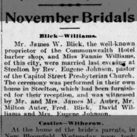 Newspapers.com - Harrisburg Telegraph - 17 Nov 1899 - Page 1 Marriage of Blick / Williams