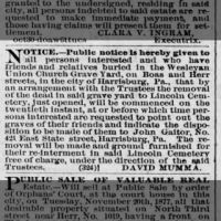 Notice given of bodies moved from Wesleyan Union Church graveyard to Lincoln Cemetery