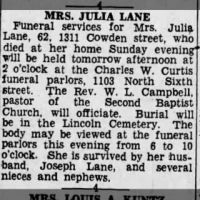 Obituary for JULIA LANE (Aged 62)