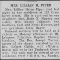 Obituary for Lillian Helen PIPER