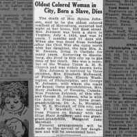 Oldest Colored Woman in City-Born a Slave-Dies