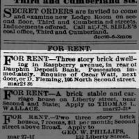 Oscar Watt Property For Rent on Raspberry ave Rear of Dauphin Deposit Bank_28 Mar 1885