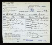Pennsylvania, US, Birth Certificates, 1906-1913 - Helen V Cyrus aka Ellen