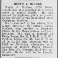 Rufus J McCree_Lincoln Cemetery_Harrisburg Telegraph_30 Jun 1926