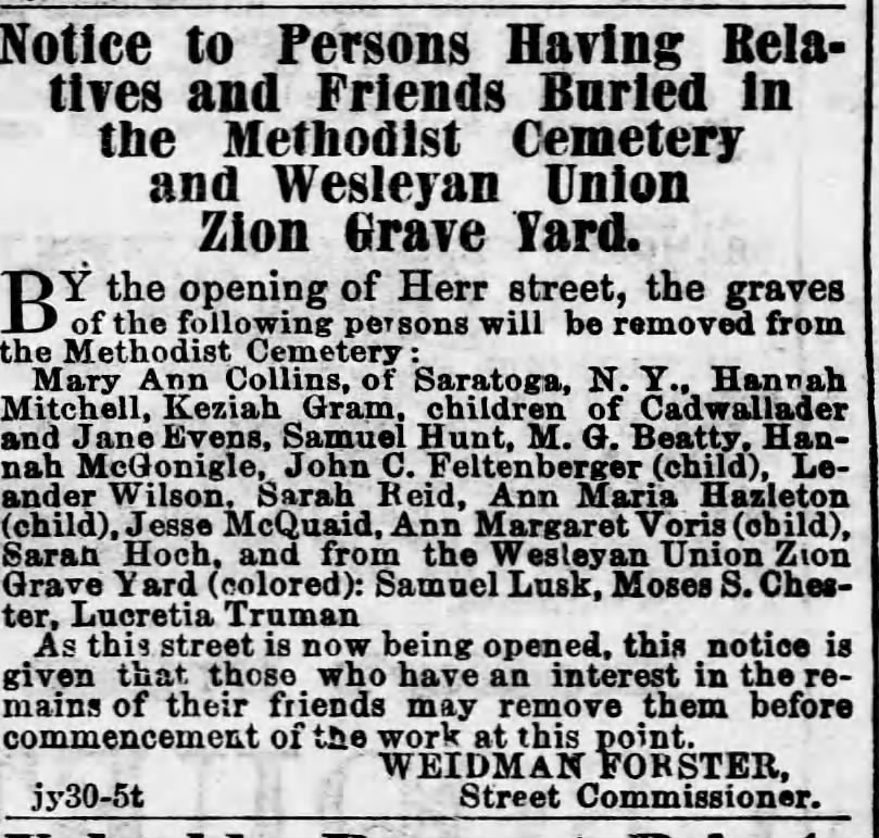 Notice Harrisburg Telegraph 31 Jul 1867 - Lincoln Cemetery Historic newspaper notice regarding the removal of bodies from the Wesleyan Union Zion Graveyard (Colored) on Herr street in Harrisburg, Pennsylvania. The African American cemeteries located in the city of Harrisburg were disinterred and reinterred in Lincoln Cemetery in Penbrook. SOAL: SavingOurAncestorsLegacy is a 501c3 nonprofit that has been restoring Lincoln Cemetery Harrisburg, since 2021. Lincoln Cemetery is one of Pennsylvania's oldest remaining African American Burial Grounds.